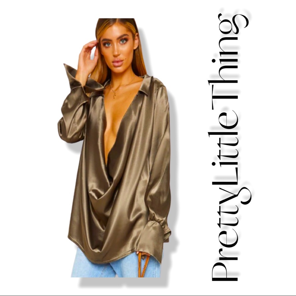PrettyLittleThing Khaki Extreme Cowl Longline Satin Shirt